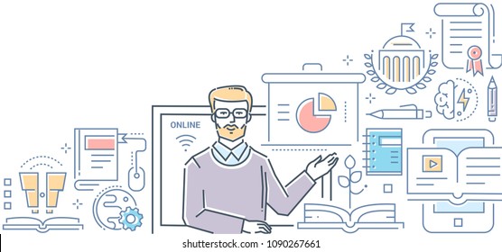 Online education - colorful line design style illustration on white background. High quality composition with a young teacher, coach, infographic charts, binocular, certificate. E-learning business