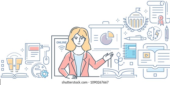 Online education - colorful line design style illustration on white background. High quality composition with a female teacher, coach, infographic charts, binocular, certificate. E-learning business