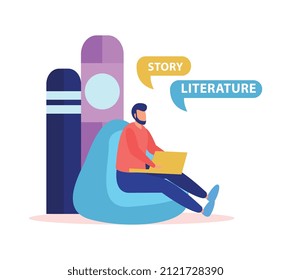 Online education composition of flat icons with human character of remote student in lounge chair vector illustration