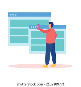 Online education composition of flat icons with human character of remote student touching computer windows vector illustration