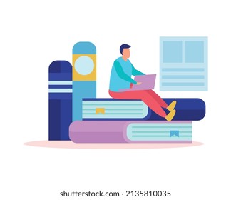 Online education composition of flat icons with human character of remote student with books and laptop vector illustration