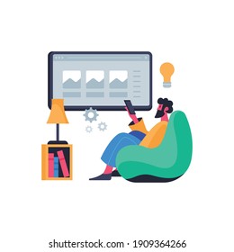 Online education composition with icons and round pictograms computer gadgets and student character vector illustration