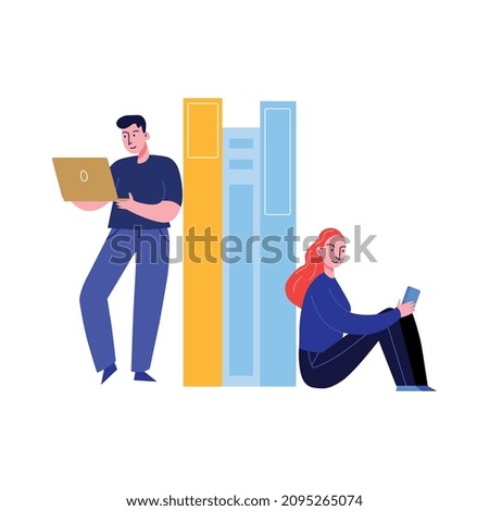 Online education composition with learning and training people with electronic gadgets books vector illustration