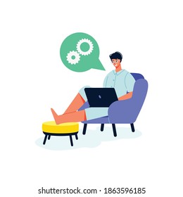 Online education composition with man sitting with laptop on soft furniture with gear icons vector illustration