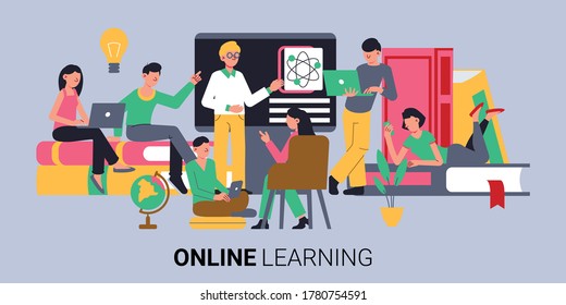 Online education composition with text and group of doodle human characters beyond books laptops and blackboard vector illustration