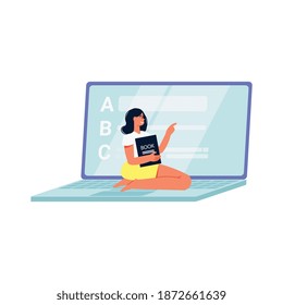 Online education composition with view of open laptop and character of female student vector illustration