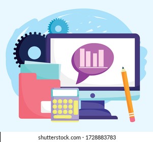 online education, computer calculator folder document pencil chart vector illustration
