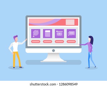 Online education computer with home assignments vector. Knowledge obtaining, man and woman student looking at screen with information and study files