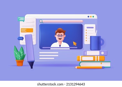 Online education concept 3D illustration. Video lectures and lessons on educational platform, viewing webinars, video chats with teachers, e-learning. Vector illustration for modern web banner design