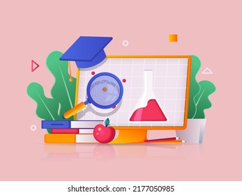 Online education concept 3D illustration. Icon composition with watching video lectures on computer screen, reading books, completing educational courses. Vector illustration for modern web design
