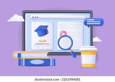 Online education concept 3D illustration. Icon composition with education platform interface on computer display, books, graduation cap. E-learning courses. Vector illustration for modern web design