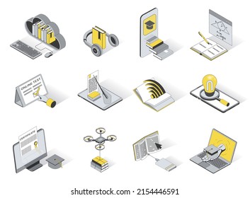 Online education concept 3d isometric icons set. Pack elements of ebook library, listening audio books, webinar, video lessons, exam test and other. Vector illustration in modern isometry design