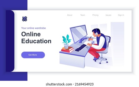 Online education concept 3d isometric web banner with people scene. Student listens to online lecture, studying remotely and e-learning. Vector illustration for landing page and web template design