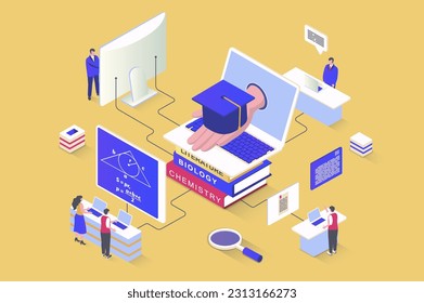 Online education concept in 3d isometric design. Students study, gain knowledge and skills, watch video lectures, graduate university. Vector illustration with isometry people scene for web graphic