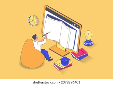 Online education concept in 3d isometric design. Man making homework at computer, reading digital books or textbooks, studying distantly. Vector illustration with isometry people scene for web graphic