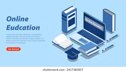 Online education concept 3d isometric, E-learning web banner