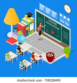 Online Education Concept 3d Isometric View for Marketing, Promotion E-learning Service Course School and University. Vector illustration of Training, Teaching and Learning