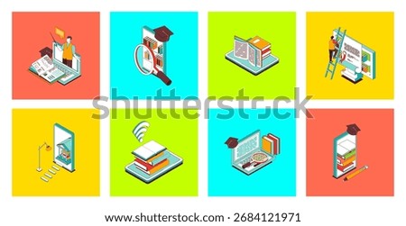 Online education concept of 3d isometric icons set. Pack with distantly studying with teacher video lectures, college or university platforms, digital books read, virtual exam. Vector illustration.