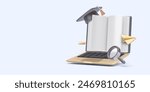 Online education concept in 3d realistic style with book, laptop, graduation cap, paper plane. Vector illustration