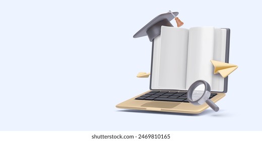 Online education concept in 3d realistic style with book, laptop, graduation cap, paper plane. Vector illustration