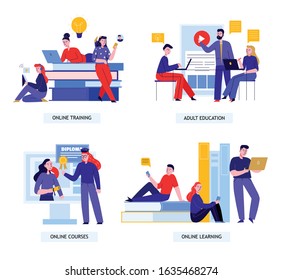 Online education concept 4 flat compositions with adult development courses training personal coach learning isolated vector illustration  