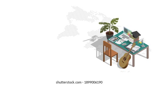 Online education concept about stay home and learn  to prevent the spread of virus displayed by isometric desks laptop books tablet guitar hat plant and phone with map isolated on white background