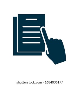 online education concept, academic documents and hand icon over white background, silhouette style, vector illustration