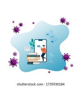 Online-Bildungskonzepte Beratung, um die Verbreitung von Coronavirus COVID-19 zu stoppen, Schülerlernen online zu Hause, Smartphone Learning Concept, e-Lesung, Online-Lernen Konzept. Vektor-Abbildung