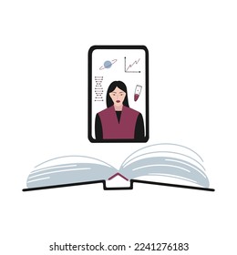 Online education concept. Asian teacher. A phone and an open book.