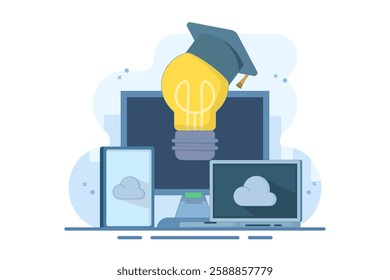 Online education concept, Bachelor's hat on light bulb with computer, smartphone, tablet, online courses, distance learning, self-education, digital library. Digital marketing illustration.