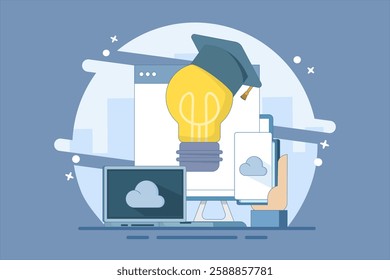Online education concept, Bachelor's hat on light bulb with computer, smartphone, tablet, online courses, distance learning, self-education, digital library. Digital marketing illustration.