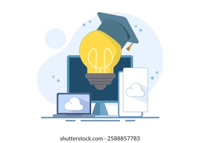 Online education concept, Bachelor's hat on light bulb with computer, smartphone, tablet, online courses, distance learning, self-education, digital library. Digital marketing illustration.