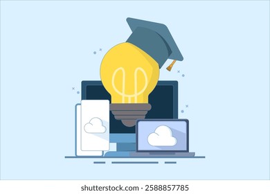 Online education concept, Bachelor's hat on light bulb with computer, smartphone, tablet, online courses, distance learning, self-education, digital library. Digital marketing illustration.
