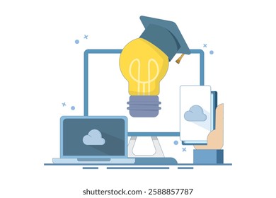 Online education concept, Bachelor's hat on light bulb with computer, smartphone, tablet, online courses, distance learning, self-education, digital library. Digital marketing illustration.