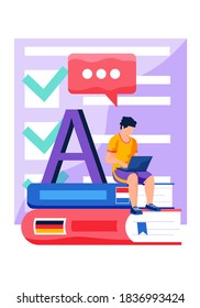 Online education concept banner with character young man in casual clothes sitting on the stack of books with computer. Distance learning or online library, Bisiness training seminar, e-learning