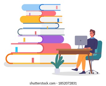 Online education concept banner with character young man in gldsses siting at a table with computer near stack of books. Distance learning or online library, Bisiness training seminar, e-learning