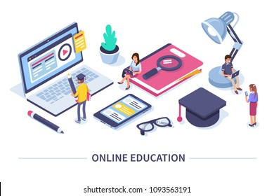 Online education concept banner with characters. Can use for web banner, infographics, hero images. Flat isometric vector illustration isolated on white background.