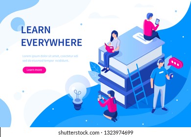 Online education concept banner with characters. Can use for web banner, infographics, hero images. Flat isometric vector illustration isolated on white background.
