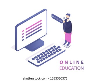 Online education concept banner with characters. Flat isometric vector illustration isolated on white background. Web banner, infographics, hero images and mobile app.