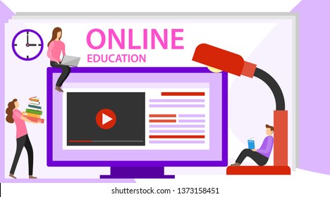 Online education concept banner with characters. Online Education Landing Page for web. Online training, workshops and courses.