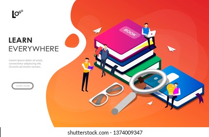 Online education concept banner with characters. Can use for web banner, infographics, hero images. Flat isometric vector illustration isolated on gradient background