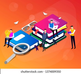 Online education concept banner with characters. Can use for web banner, infographics, hero images. Flat isometric vector illustration isolated on gradient background