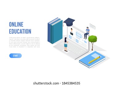 Online education concept banner with characters. Can use for web banner, infographics, hero images. Flat isometric vector illustration isolated on white background.