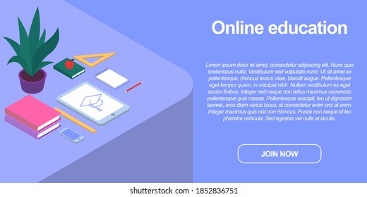 Online education concept banner with copyspace. Flat isometric vector illustration.