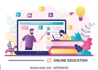 Online education concept banner. E-learning, home schooling. Girl student working on laptop. Tutor or teacher on display. Web courses or tutorials concept. Education platform. Flat Vector illustration