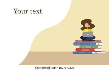 Online education concept banner. A girl sitting on a stack of books with laptop. Home schooling during quarantine. 