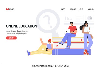 Online education concept for banner and website. Landing page template. Young students stand near large books and hold laptops and smartphones. Flat style vector illustration.