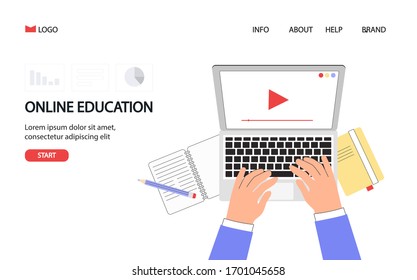 Online education concept for banner and website. Landing page template. Student's desktop with hand on laptop. Online training courses, distance education. Flat style vector illustration.