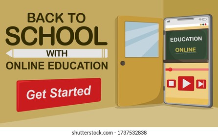 Online Education concept for banner and website. Advertising Back to school and university with e-learning. Study as if in a classroom on mobile with internet technology at home. Vector illustration