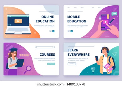 Online Education Concept Banners Templates. Students Use Digital Devices for Distance Learning. Can use for Backgrounds, Infographics, Hero Images. Flat Cartoon Modern Vector Illustration.